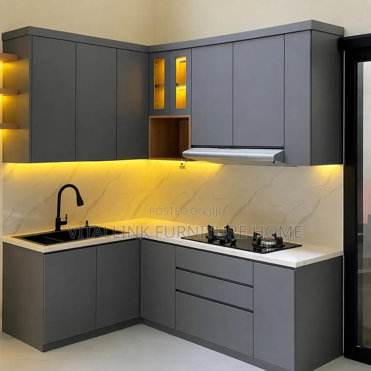 Luxury Dark Grey L-Shape Kitchen Cabinets With Led Lighting