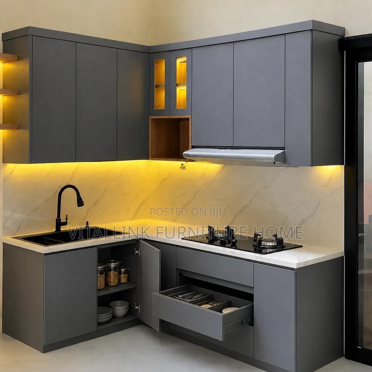 Luxury Dark Grey L-Shape Kitchen Cabinets With Led Lighting