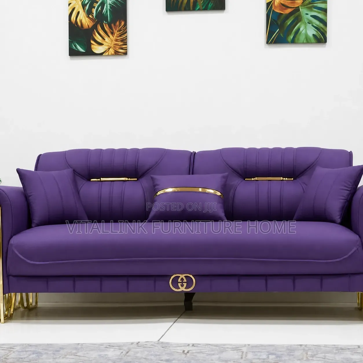 Luxury Purple Velvet Sofa With Gold Accents Tufted Back