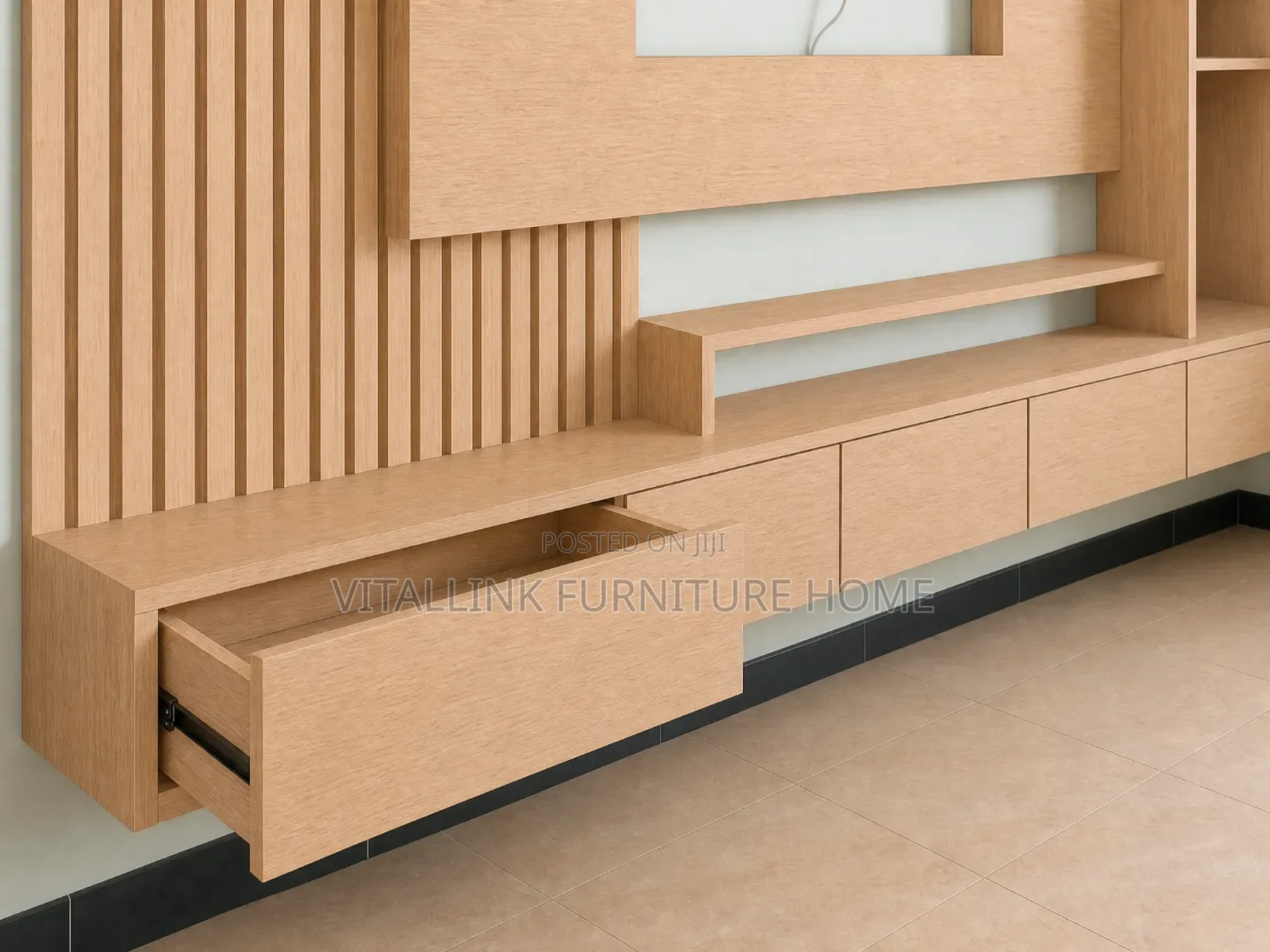 Minimalist Light Wood Floating Tv Console With Display Tower