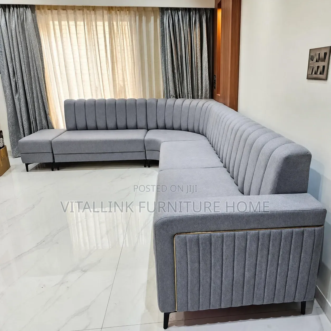 Modern Grey L-Shape Sectional Sofa With Gold Trim Channel Tufting