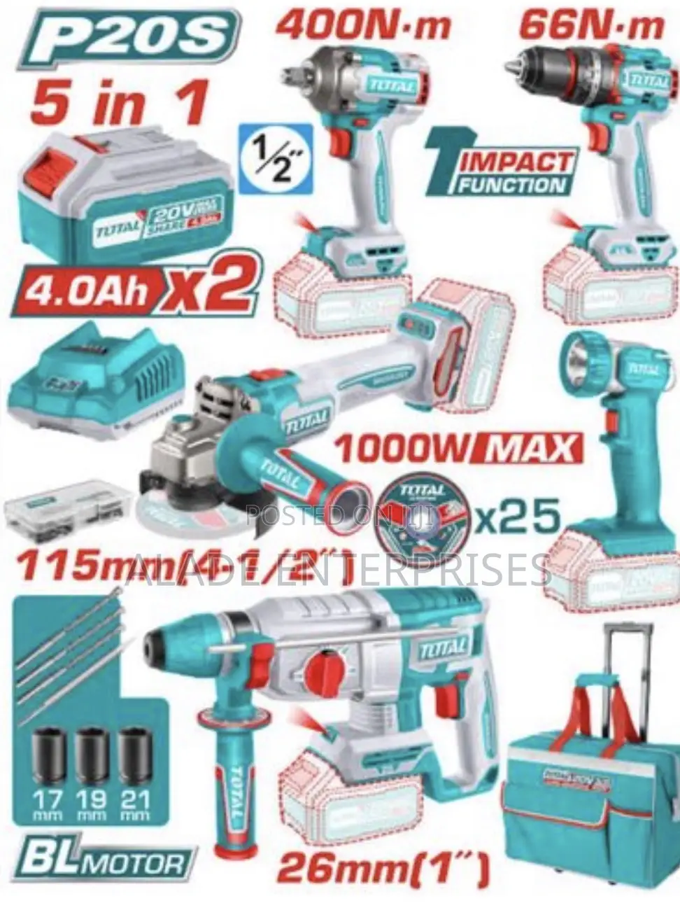 20v Brushless Cordless Combo Set – 5 Tools + Batteries + Charger