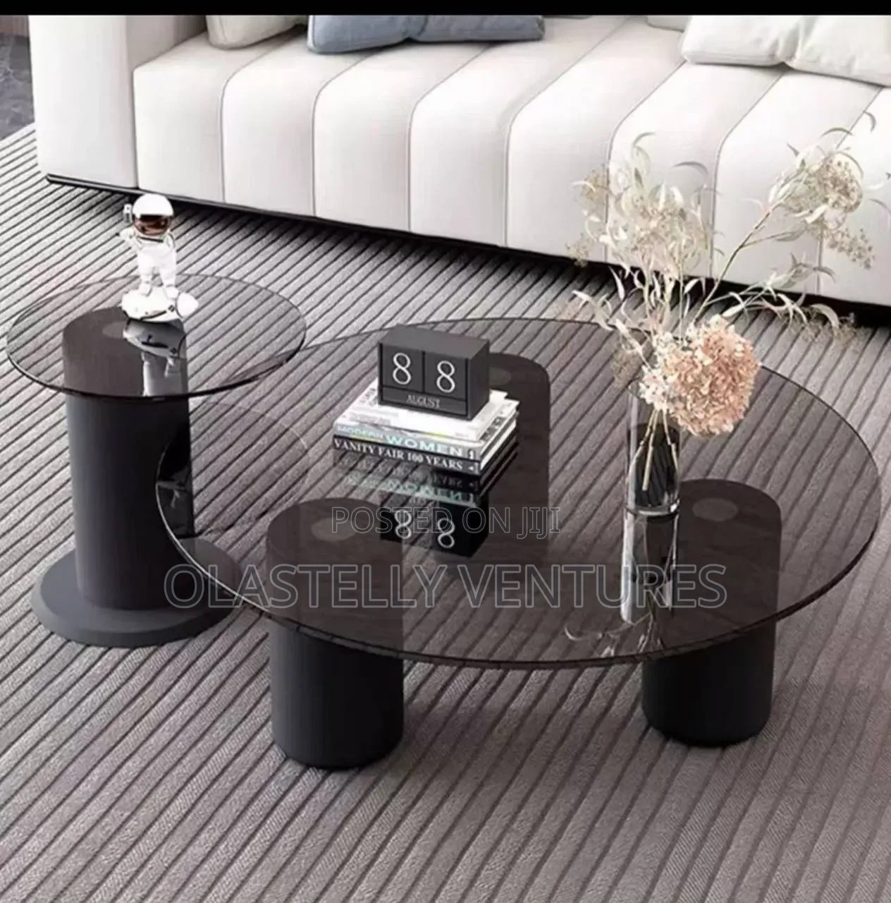Contemporary Smoked Glass Coffee Table With Black Cylinder Base T