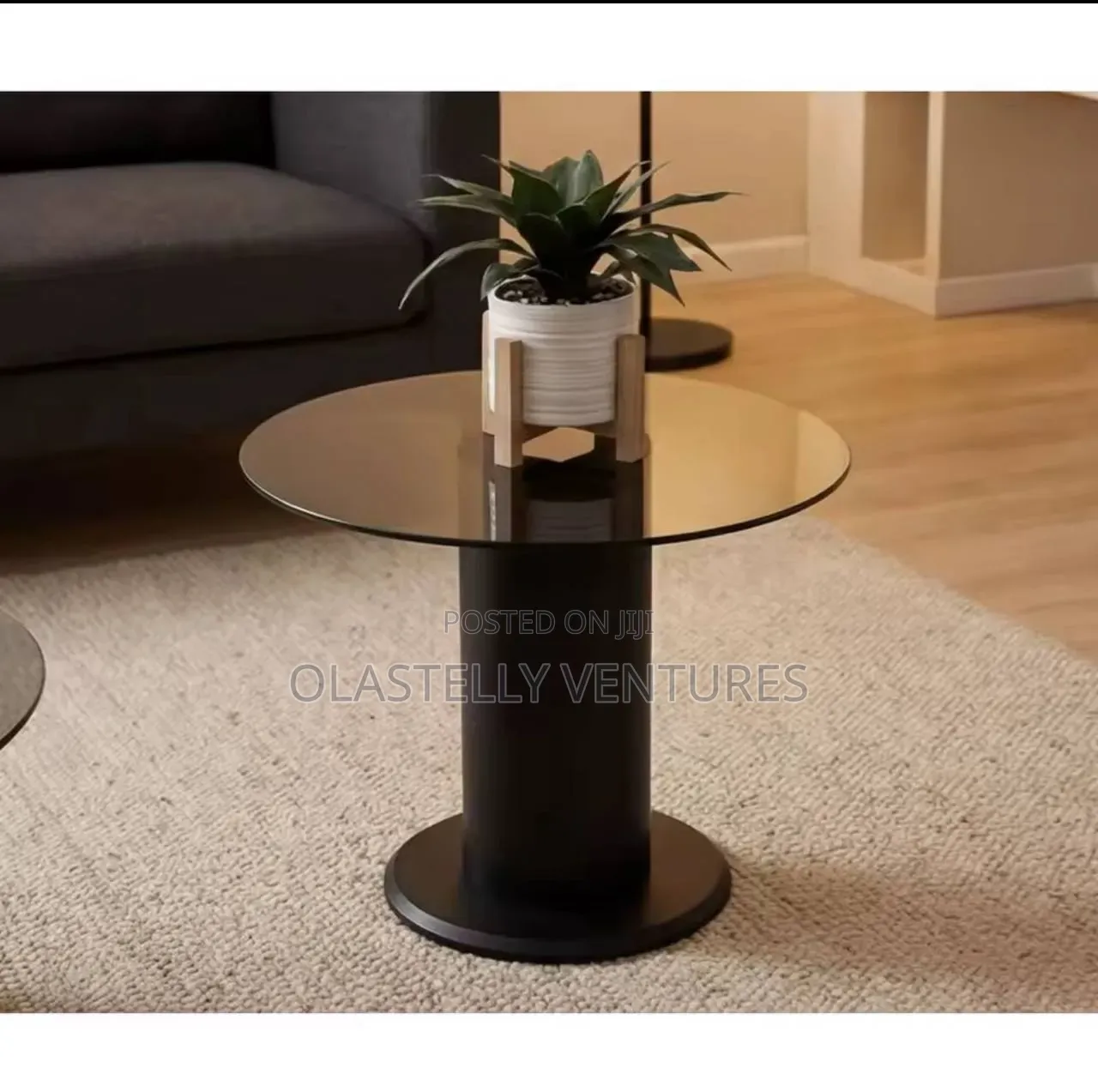 Contemporary Smoked Glass Coffee Table With Black Cylinder Base T