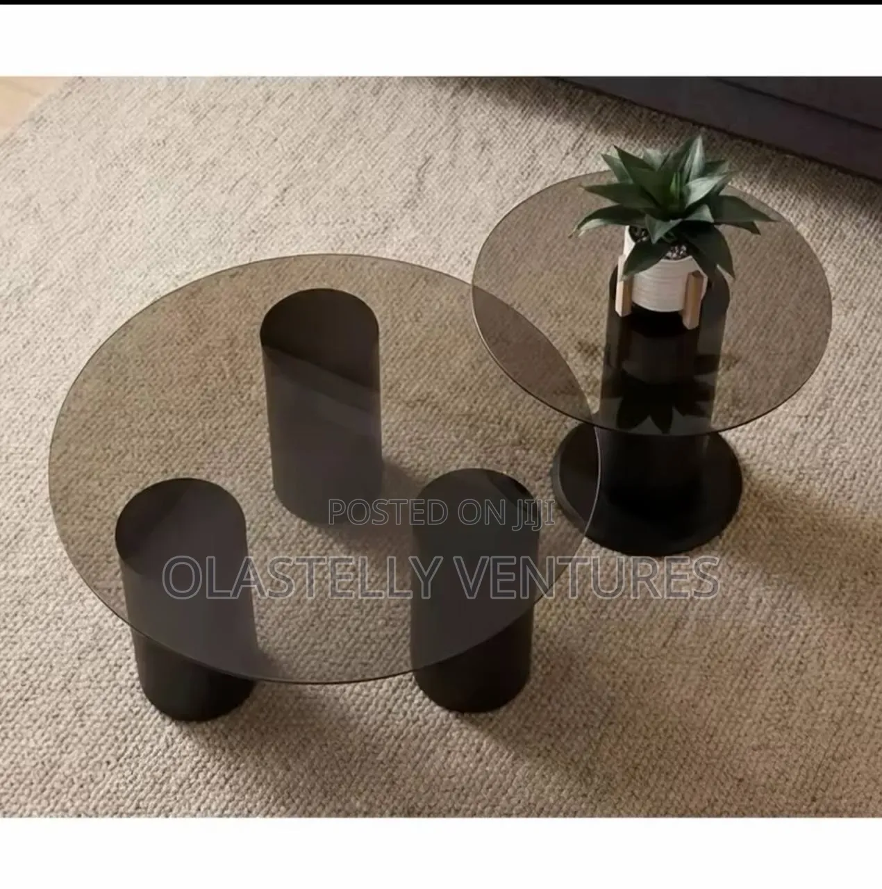Contemporary Smoked Glass Coffee Table With Black Cylinder Base T