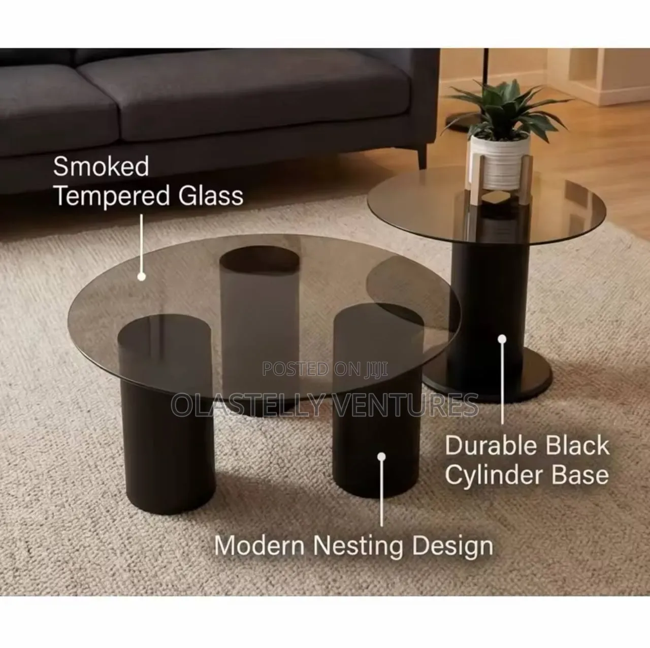 Contemporary Smoked Glass Coffee Table With Black Cylinder Base T