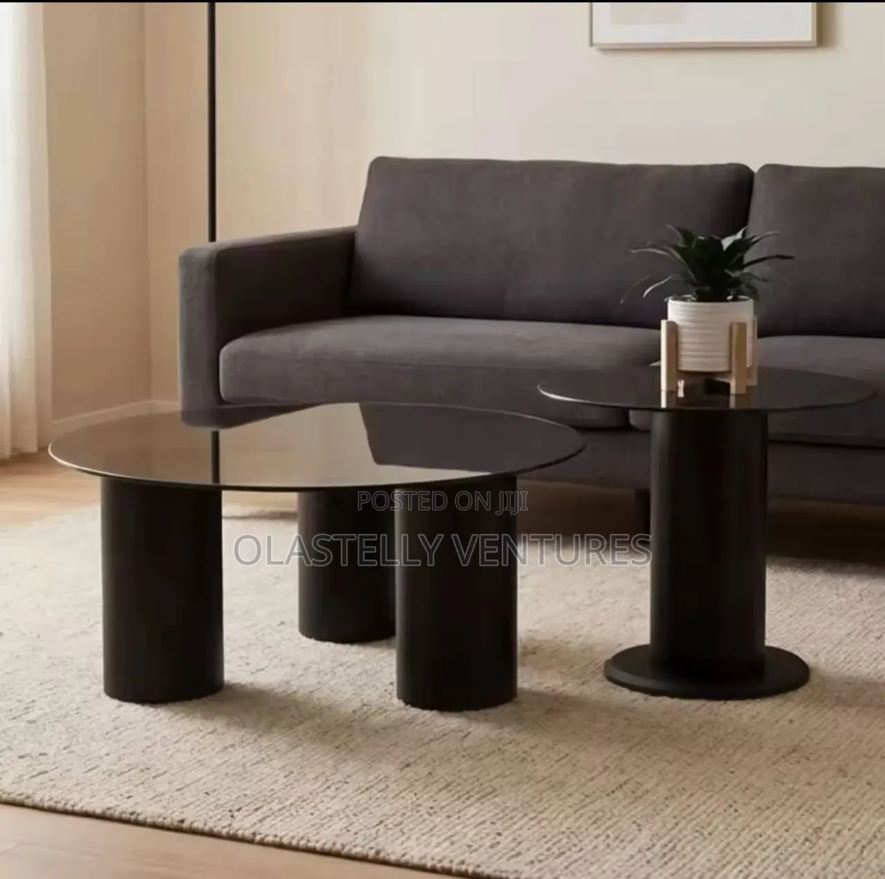 Contemporary Smoked Glass Coffee Table With Black Cylinder Base T