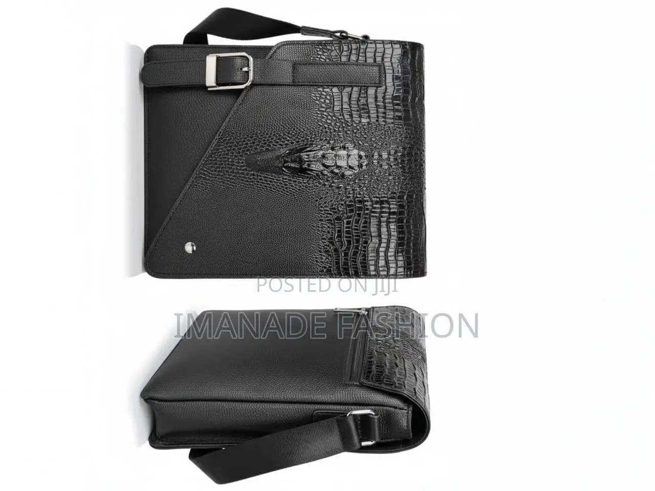Crocodile Embossed Flapover Messenger Bag – Black