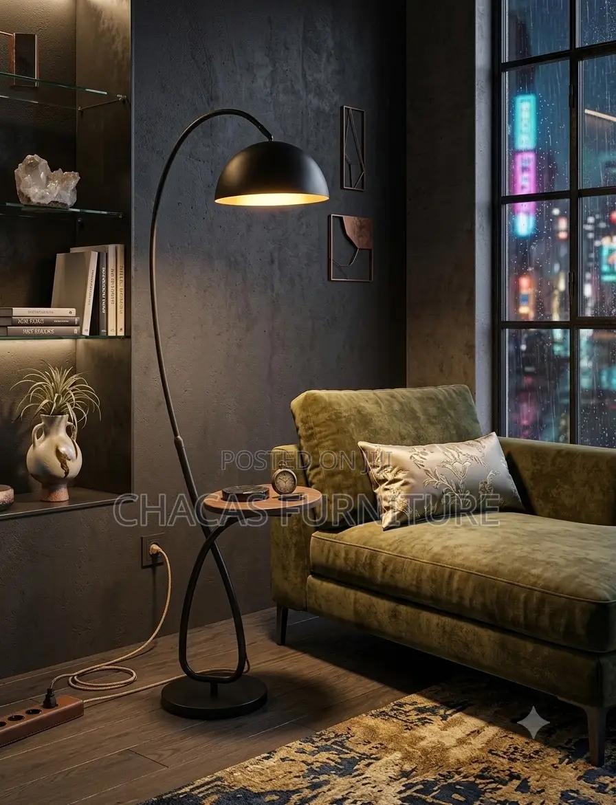 Luxury Modern Arc Floor Lamp With Built-in Wooden Side Table