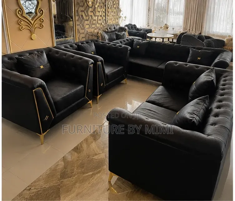 New Luxury 7-Seater Black Gold Royal Leather Sofa Set