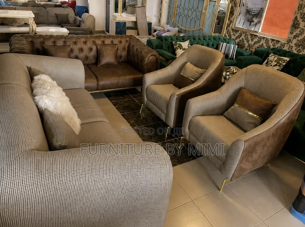 New Luxury 7-Seater Black Gold Royal Leather Sofa Set