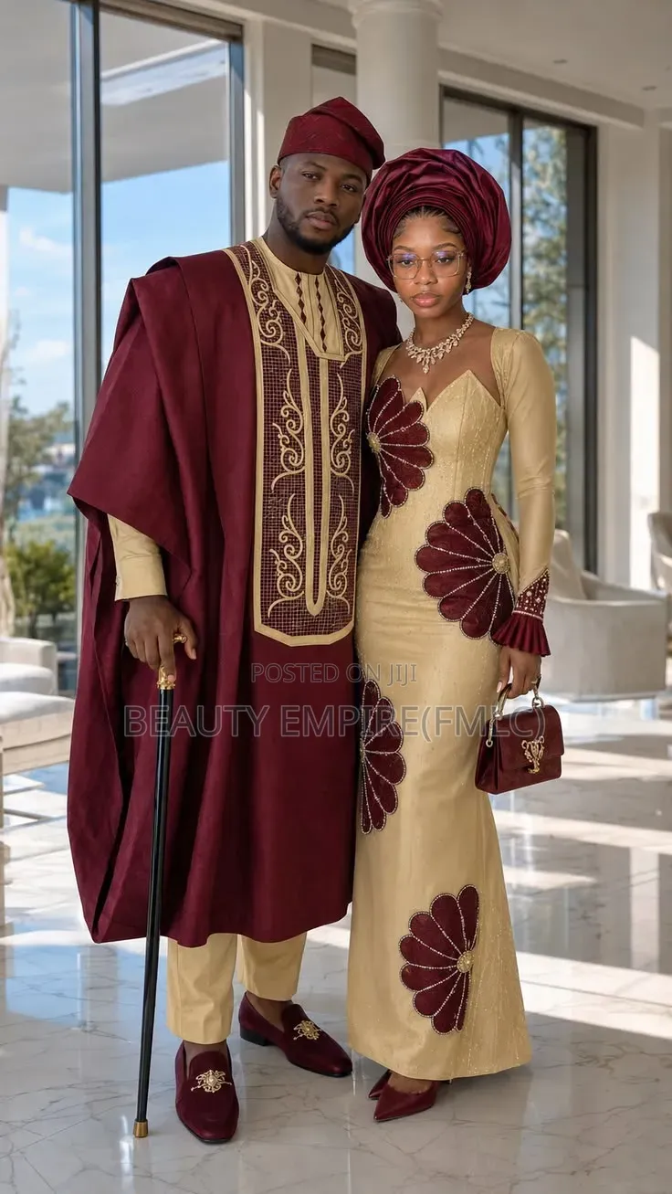 Embroidered Agbada With Beaded Gown Couple Traditional Set
