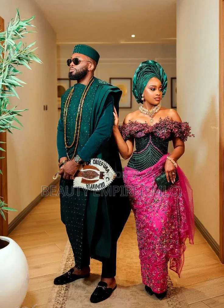 Embroidered Agbada With Beaded Gown Couple Traditional Set