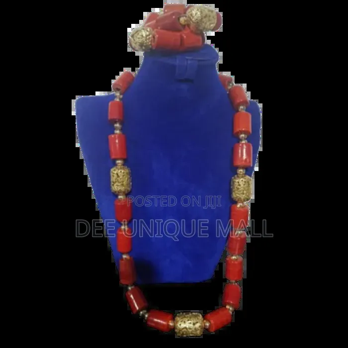 African Unisex Coral Bead With Gold Accessories for All Occasions.