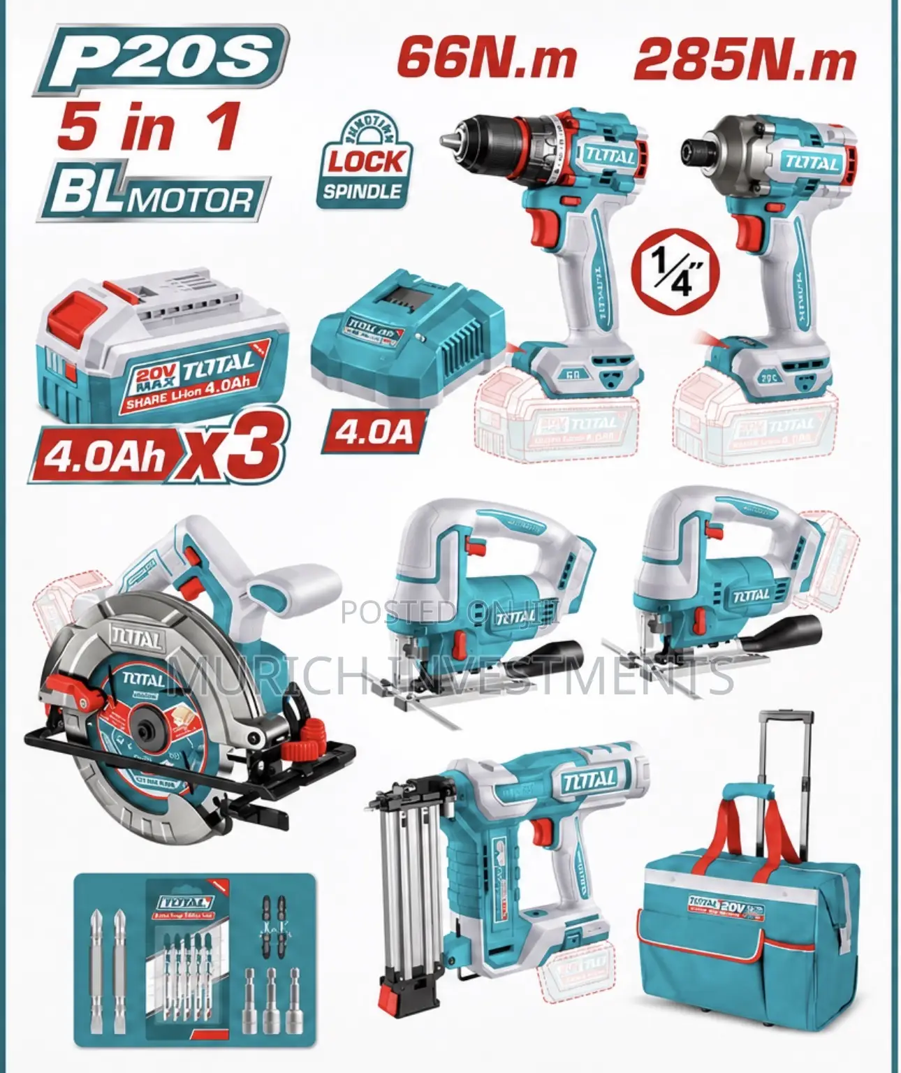 TOTAL 20V 5-in-1 Brushless Cordless Power Tool Kit 20V