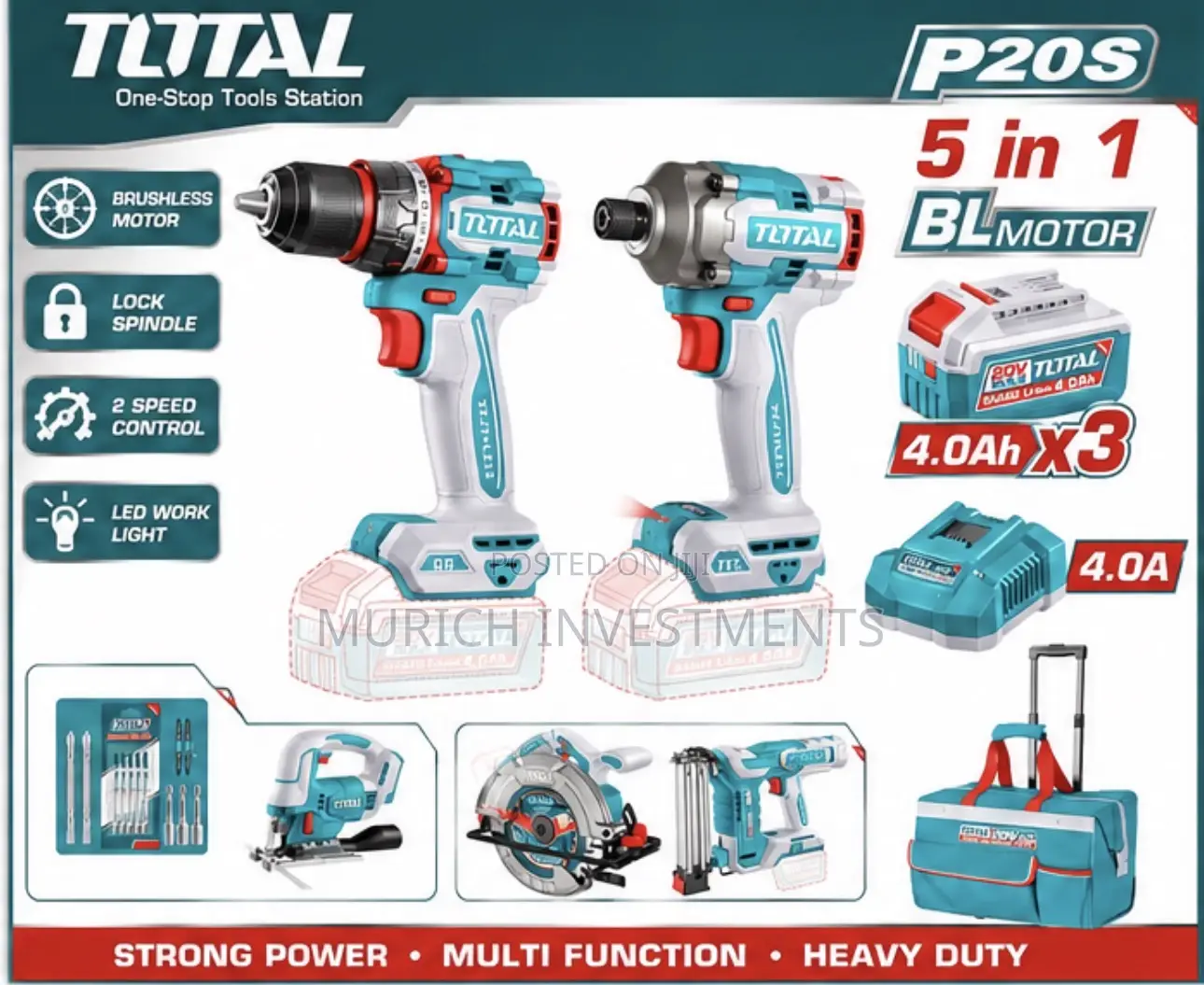 TOTAL P20S Brushless 5-in-1 Cordless Tools Set Heavy Duty