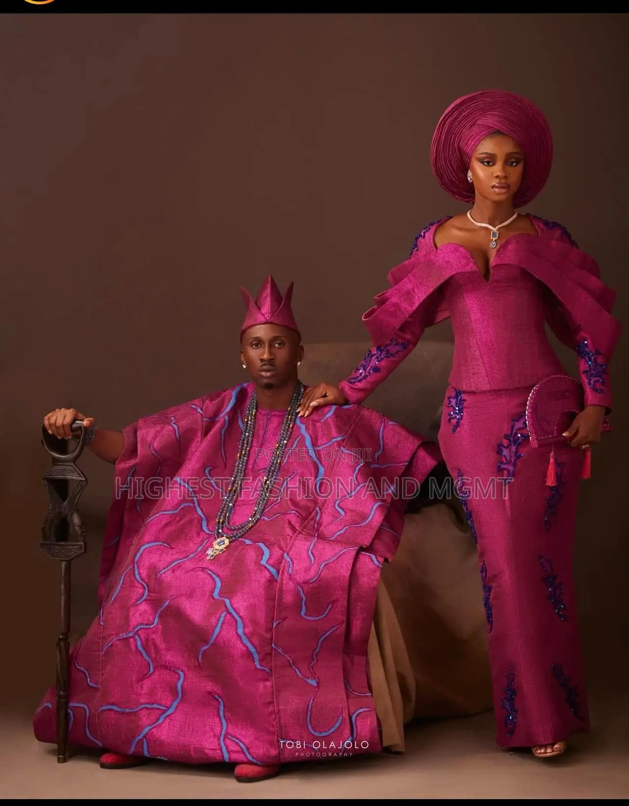 Embellished Gown With Matching Gele Coordinated Magenta Agbada Set