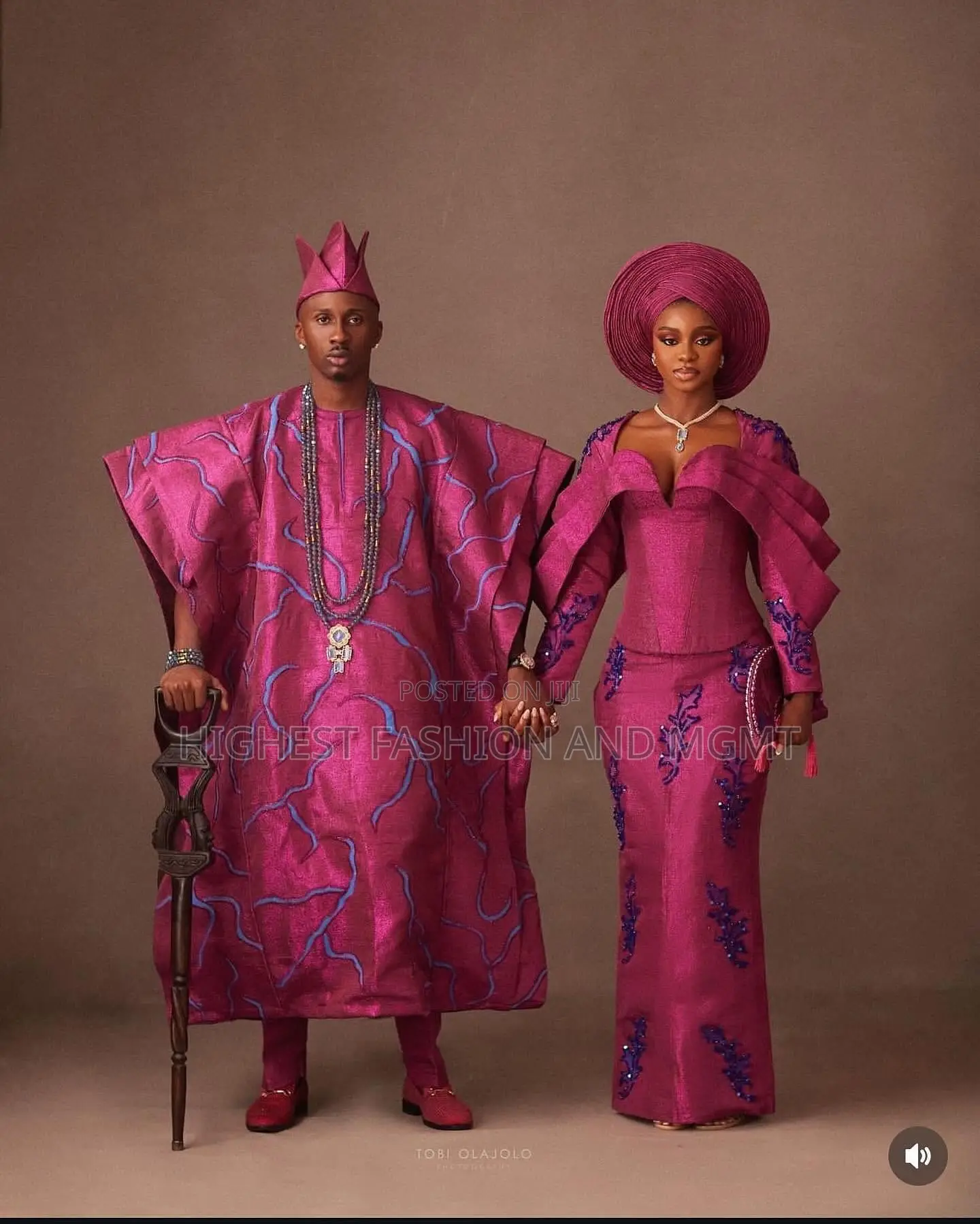 Embellished Gown With Matching Gele Coordinated Magenta Agbada Set