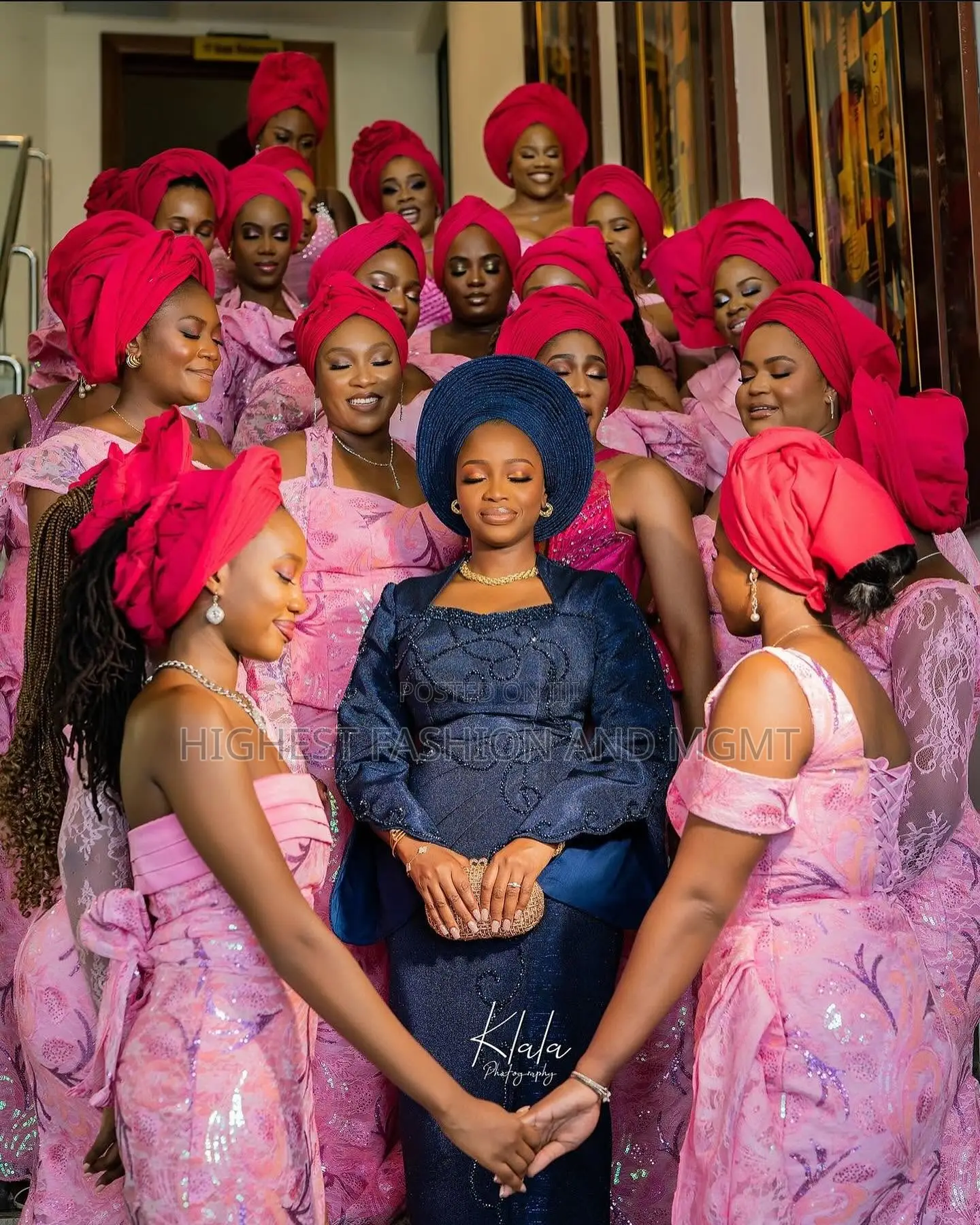Lace Gown With Structured Gele Textured Indigo Agbada With Crown