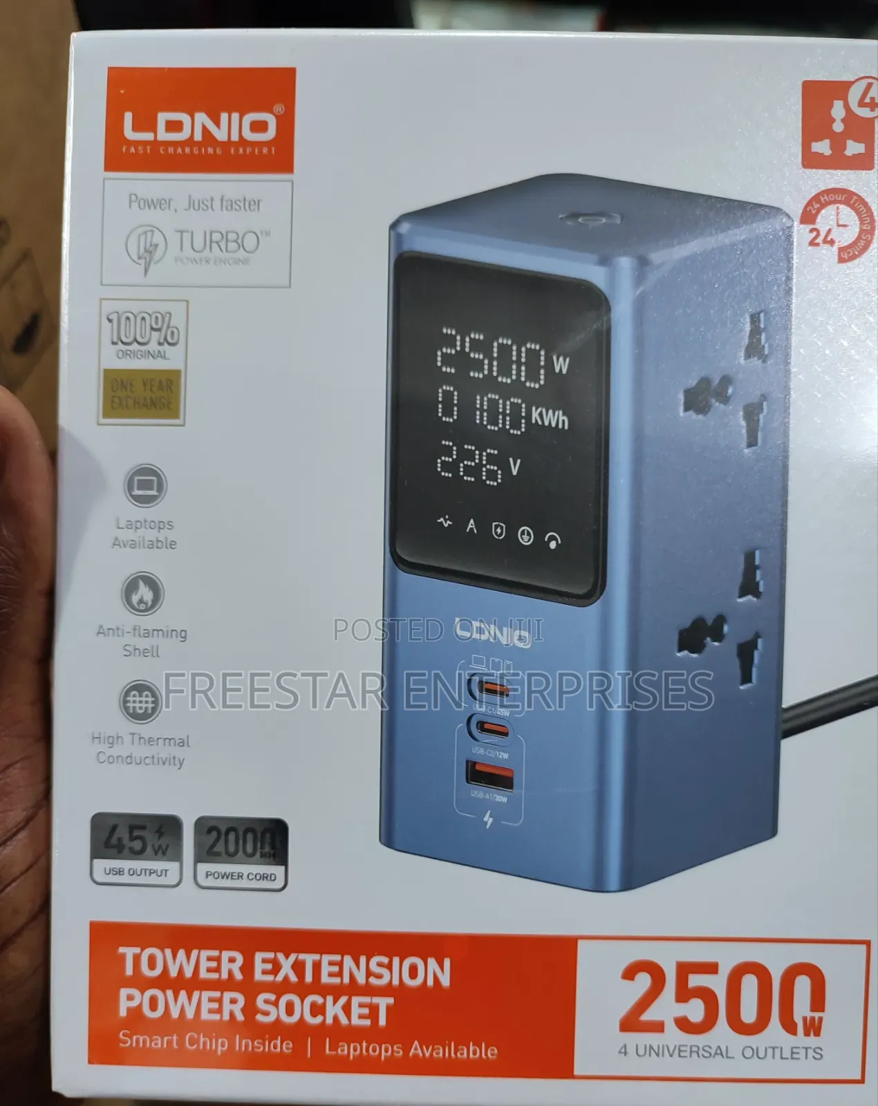 Ldnio Tower Extension Power Socket. 2500w 4 Universal Outlets.