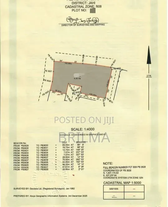 4.3 Hectares of Land in Jahi for Sale