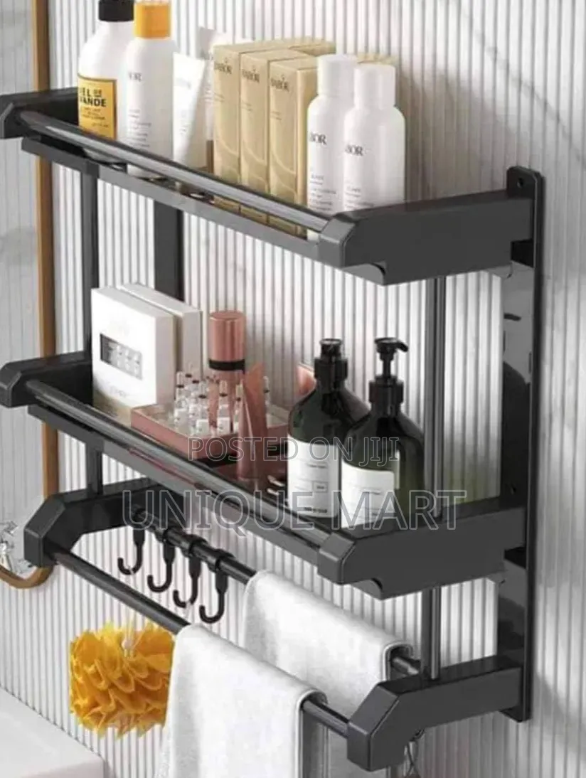 2 Tiers Steel Bathroom Organizer With Towel Rack and Sponge Hooks