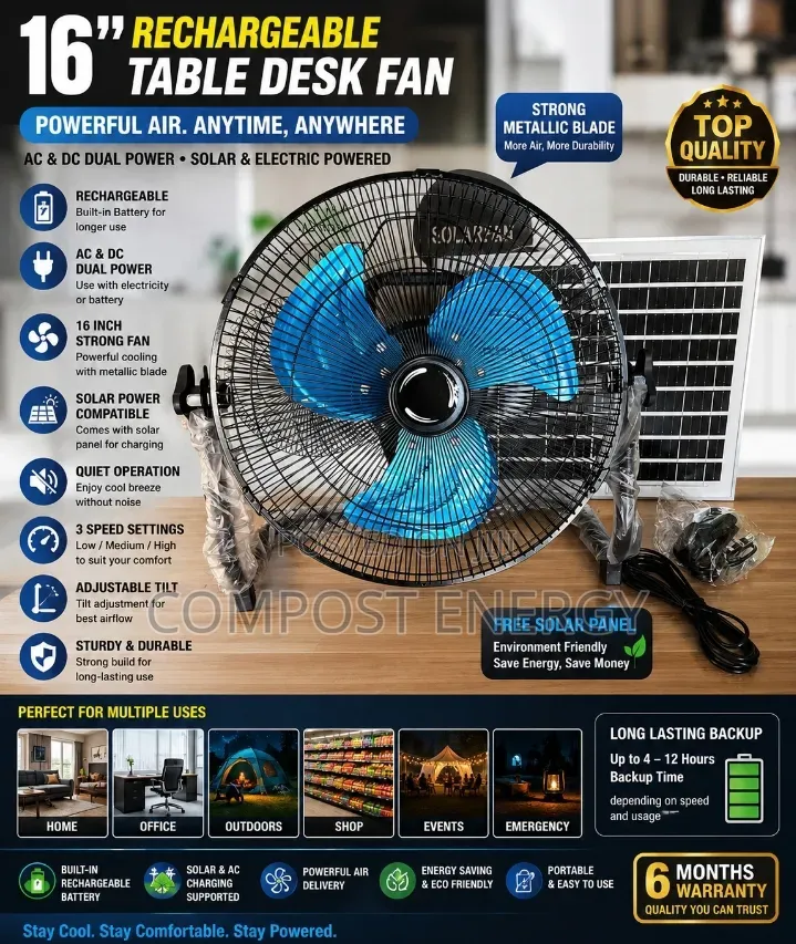 16" AC/DC Rechargeable Metallic Blade Solar Table Desk Fan With Panel