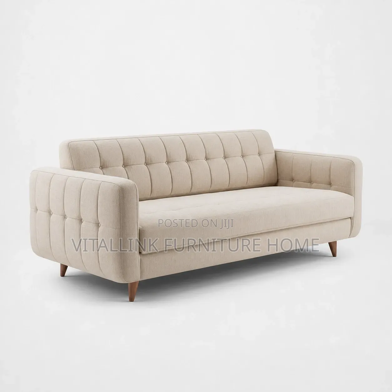 Cream Tufted 3-Seater Couch With Mid-Century Wood Legs