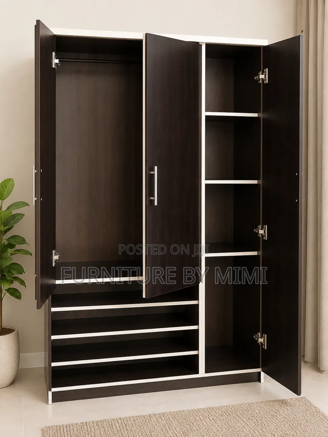 Standard 3-Door HDF Wooden Wardrobe Closet With Built-in Shoe Rack