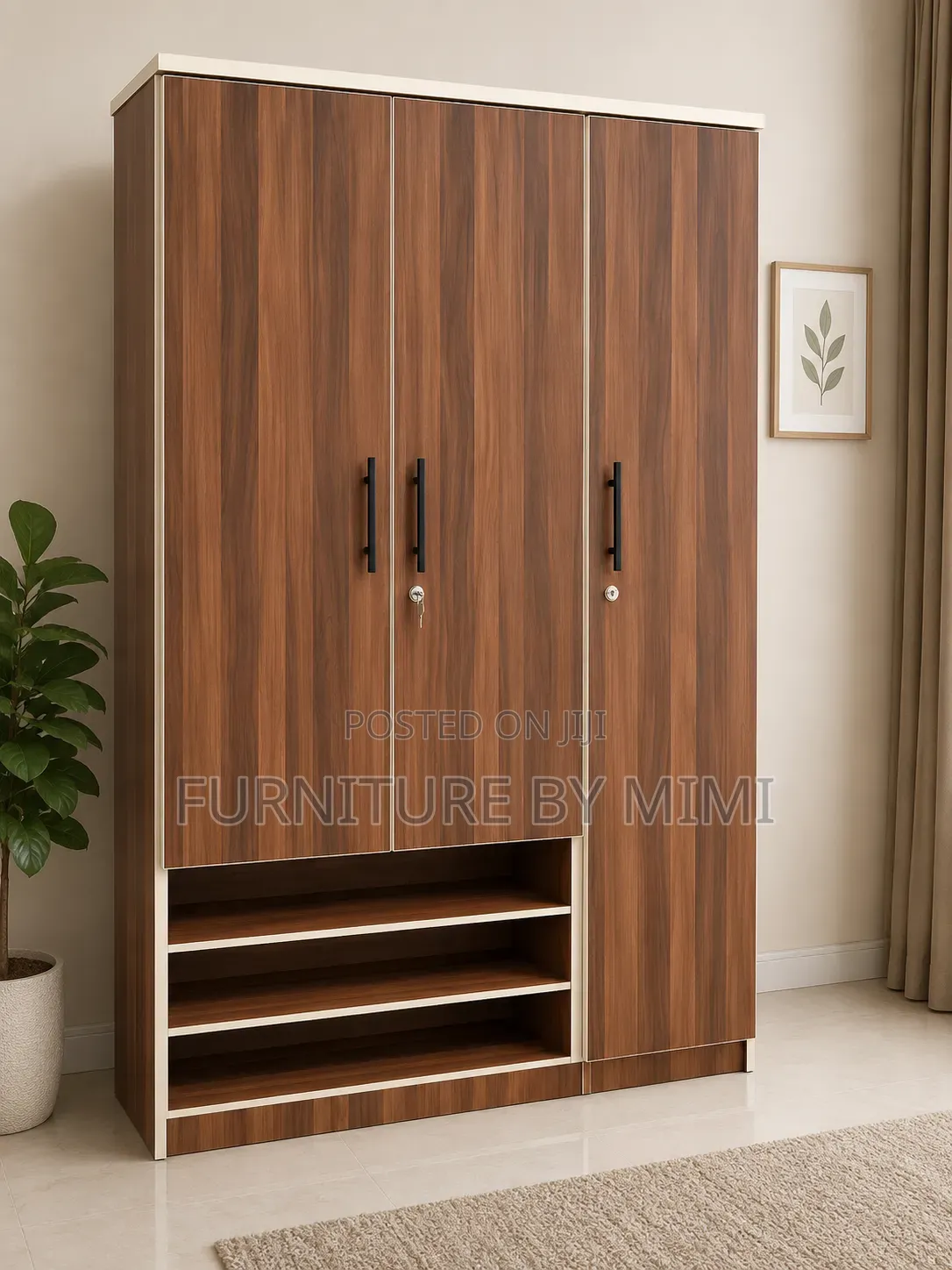 Standard 3-Door HDF Wooden Wardrobe Closet With Built-in Shoe Rack