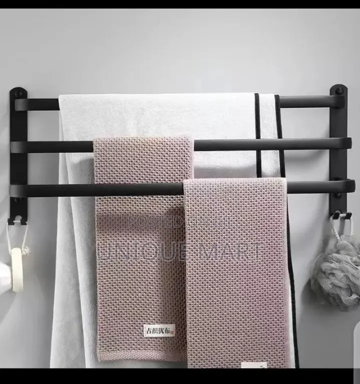 3 Layer Wall Mounted Black Matte Towel Rack With Sponge Hooks