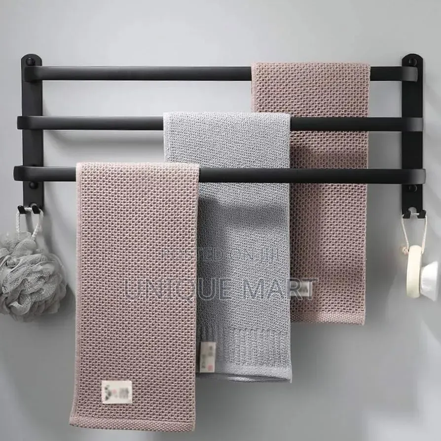 3 Layer Wall Mounted Black Matte Towel Rack With Sponge Hooks