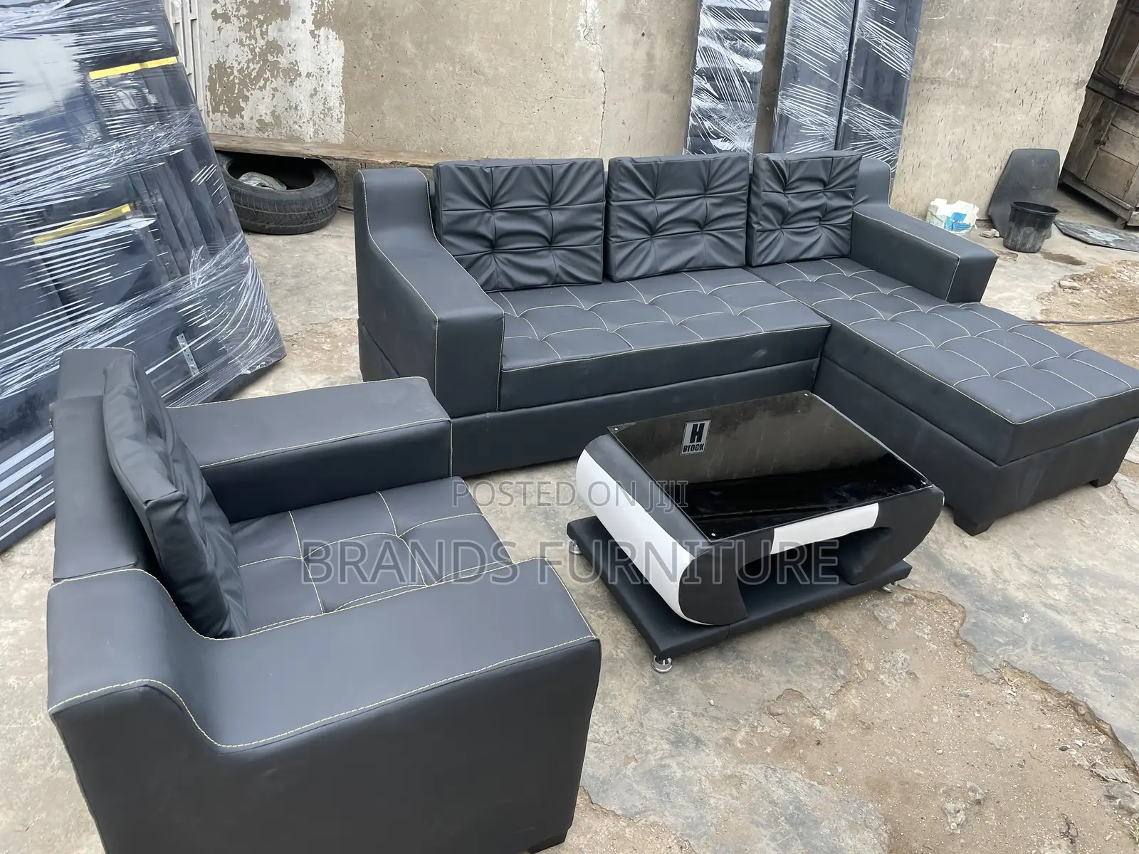 Quality Black Leather Sofa With Center Table N Single Seater