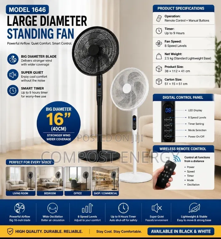 16" Big Diameter Electric Floor Fan With Digital Button and Remote