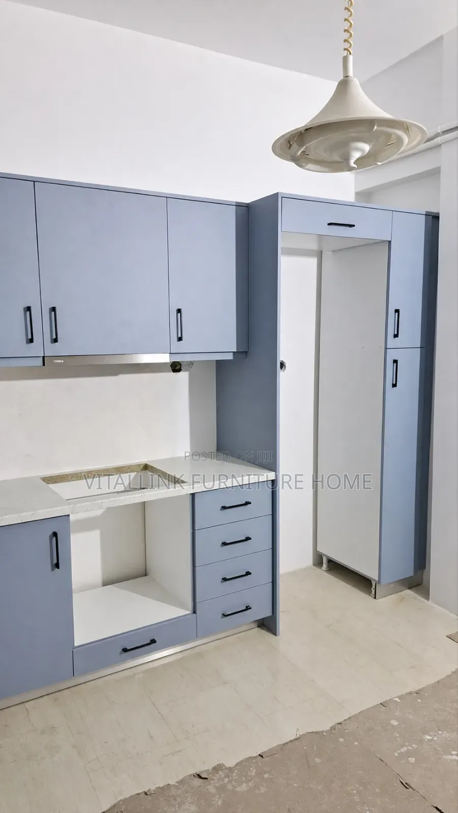 Modern Light Blue Kitchen Set With Tall Fridge/Pantry Niche