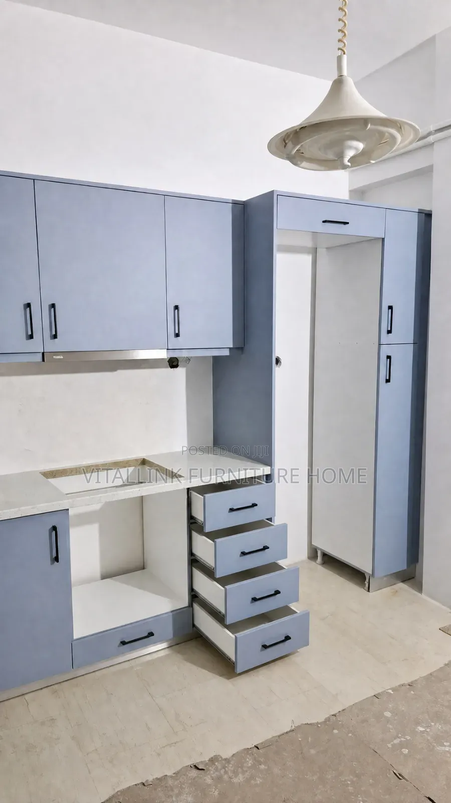Modern Light Blue Kitchen Set With Tall Fridge/Pantry Niche