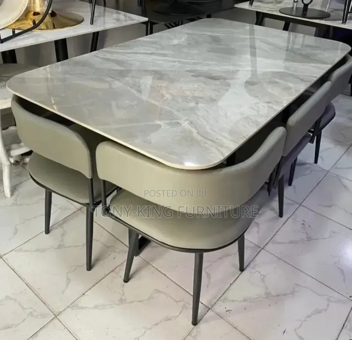 6 Seater Low Back Marble Top Dining Table Set With Metal Leg
