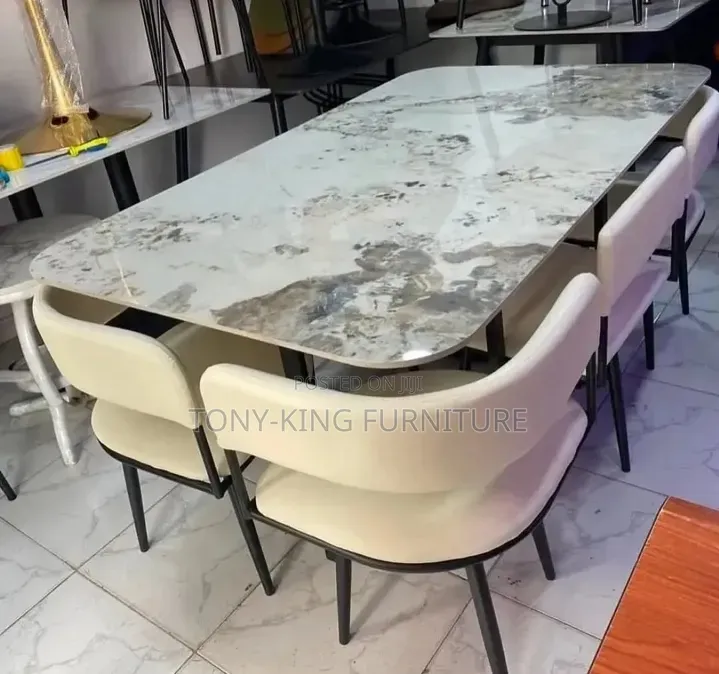 6 Seater Low Back Marble Top Dining Table Set With Metal Leg