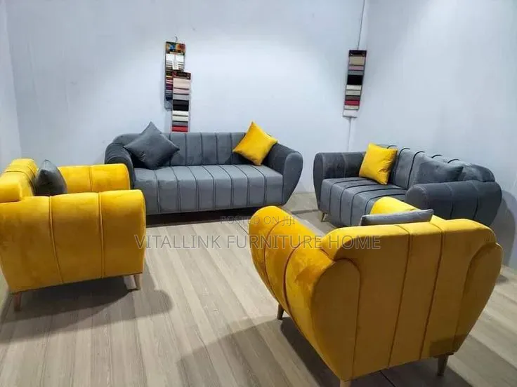 4-Piece Grey Yellow Channel-Tufted Velvet Sofa Set