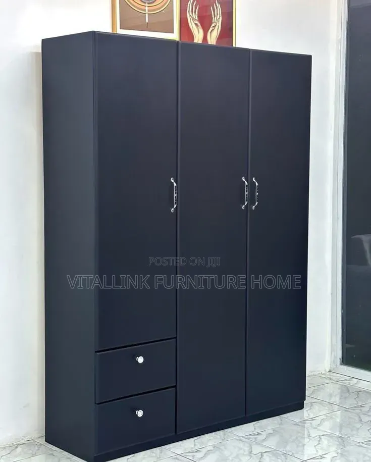 Modern Matte Black 3-Door Wardrobe With Silver Handles Drawers