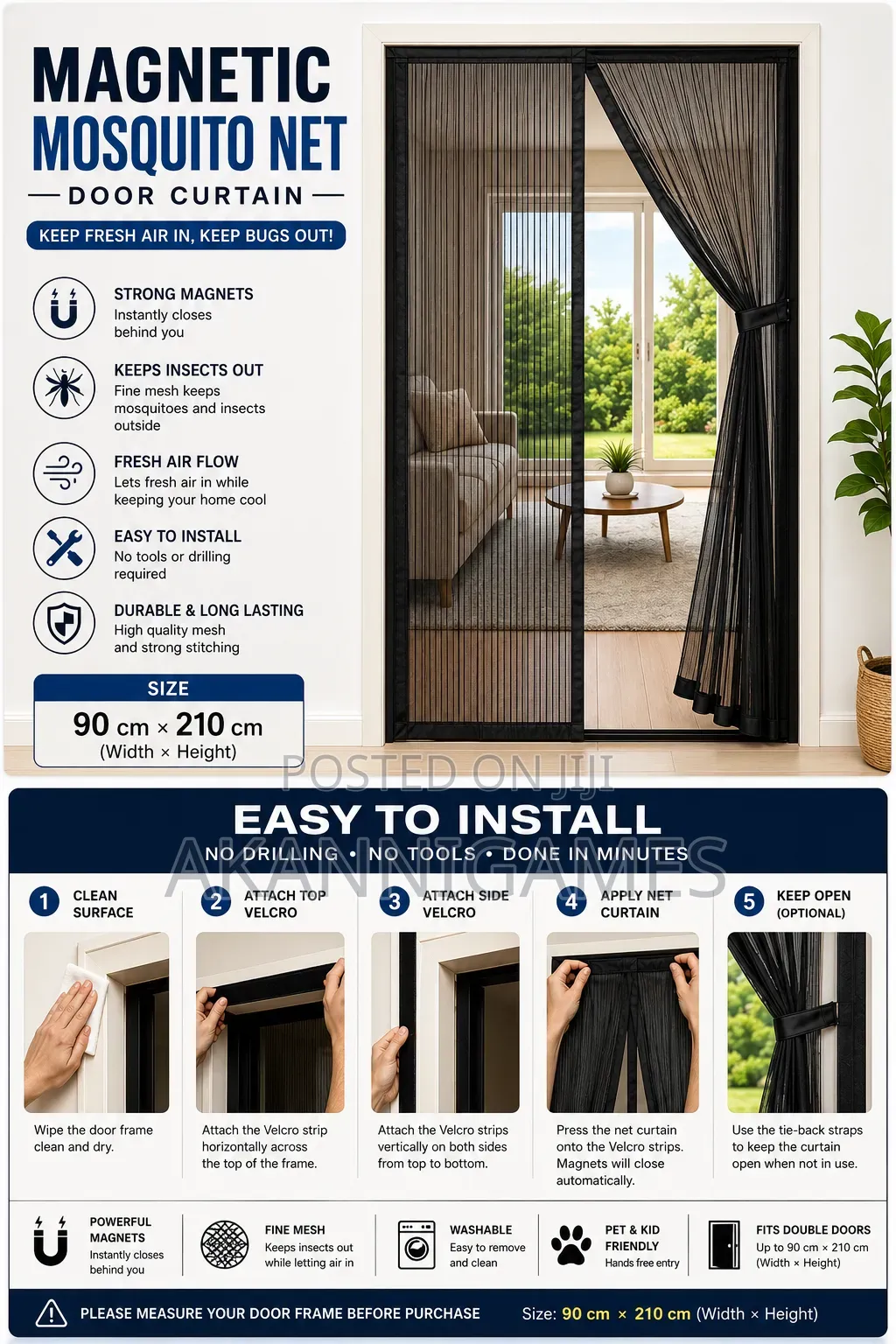 Magnetic Mosquito Net Door Curtain 90 × 210 Cm – Self-Closing (Black)