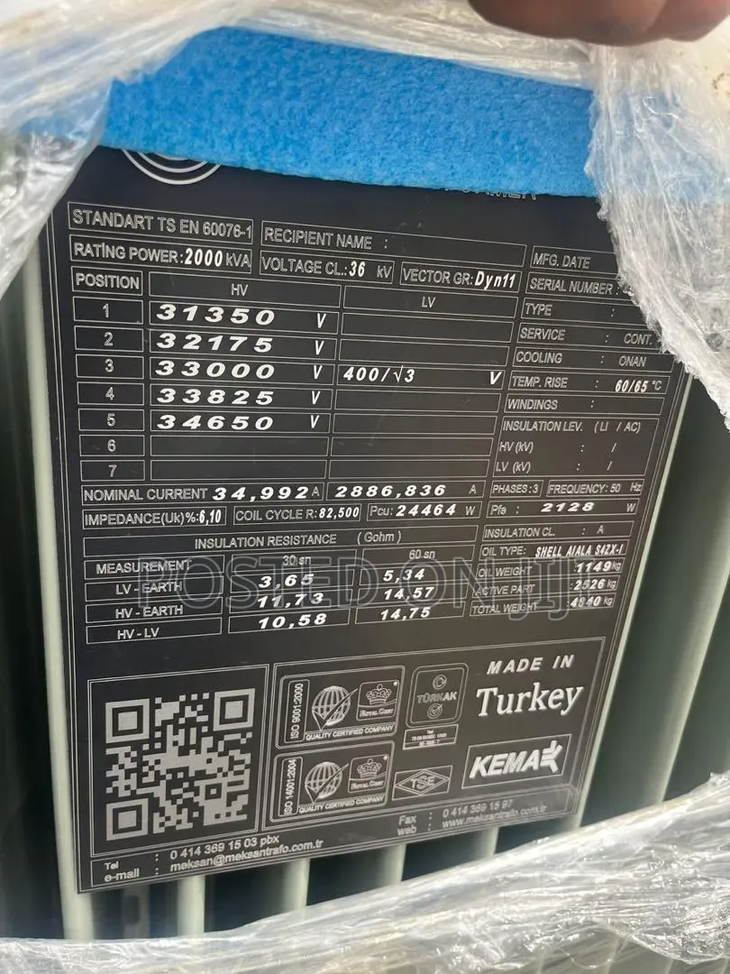2000KVA 33KV Meksan High Quality Transformer 100% Copper Coil