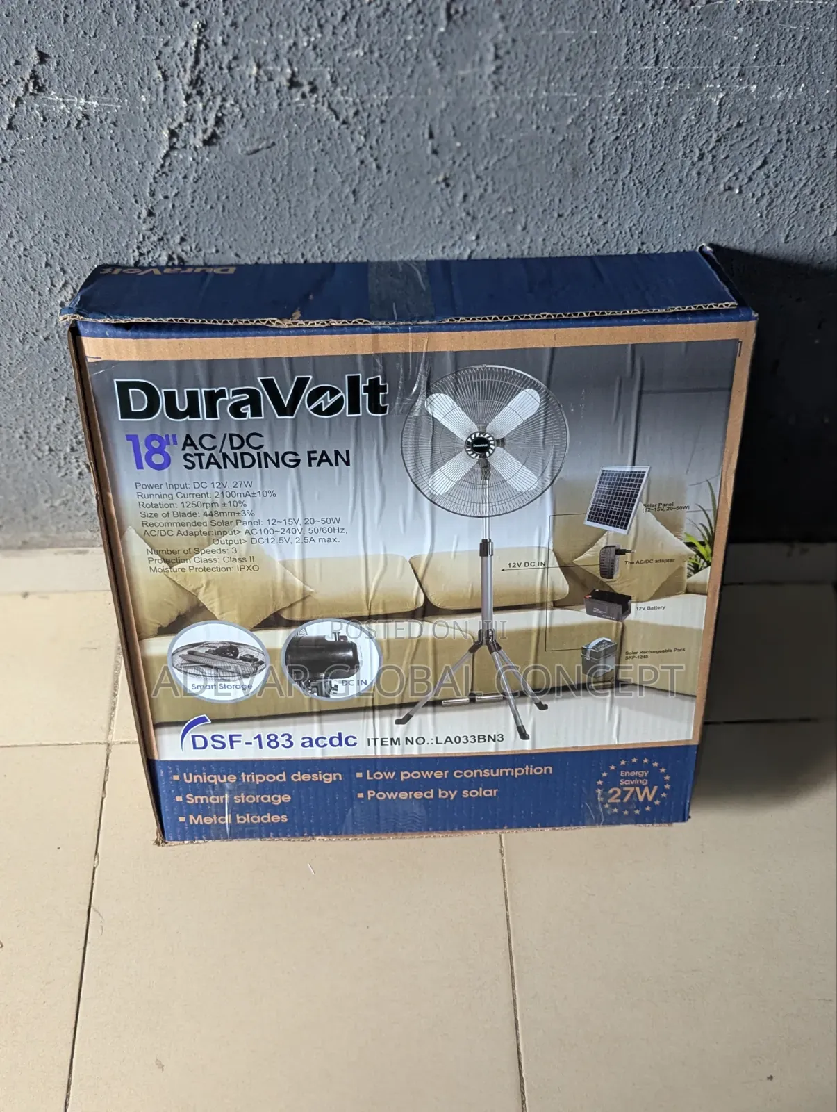 Duravolt 18" AC/DC Energy Saving Solar and Inverter Fan - 27 Watts