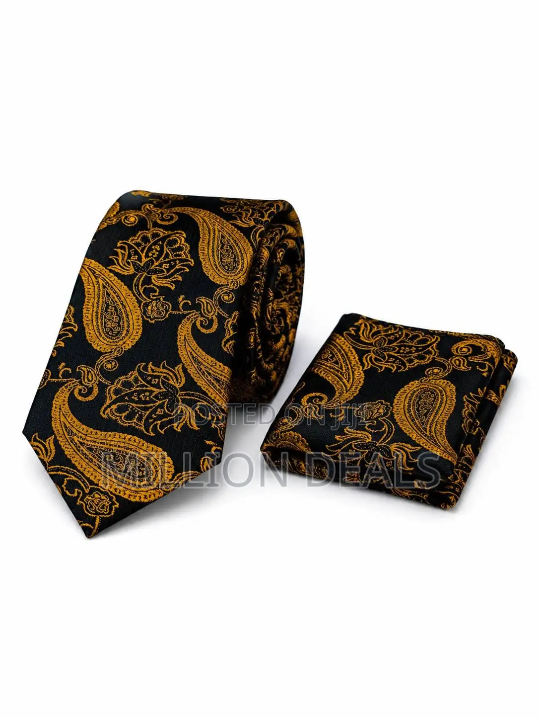 Stylish Pattern Men's Corporate Long Tie With Pocket Square Black Gold