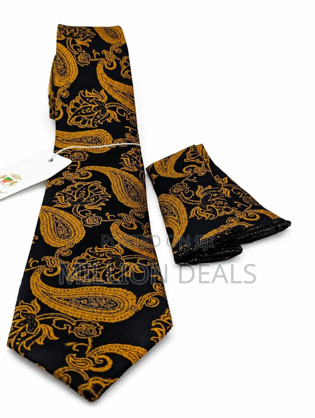 Stylish Pattern Men's Corporate Long Tie With Pocket Square Black Gold