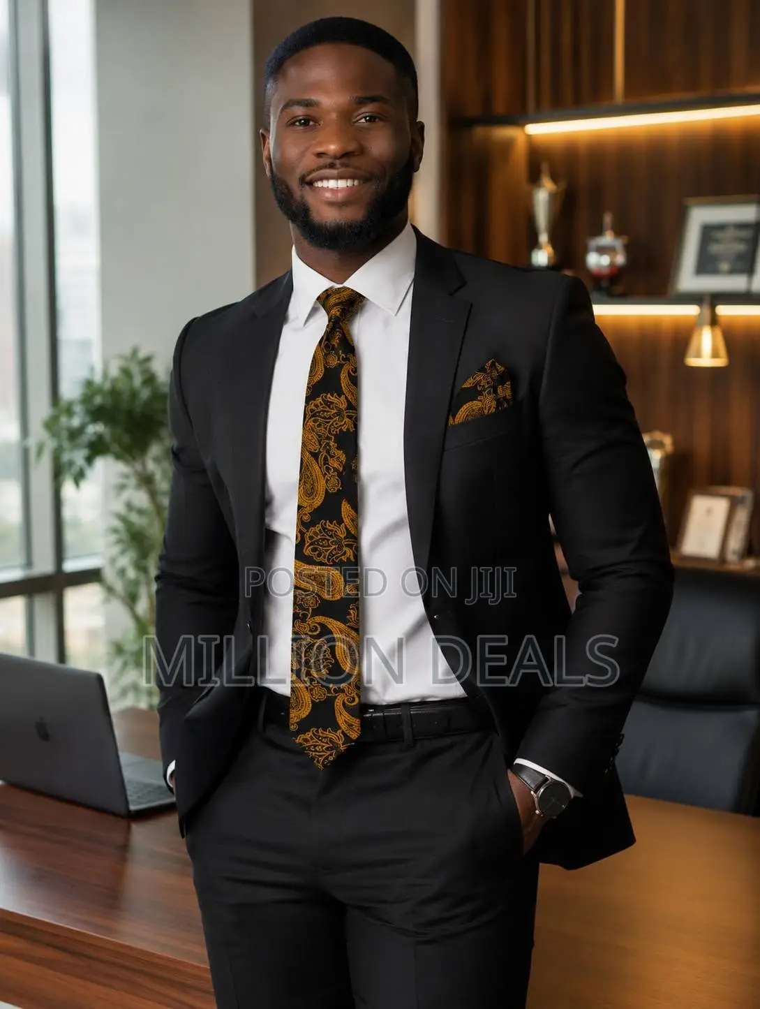 Stylish Pattern Men's Corporate Long Tie With Pocket Square Black Gold