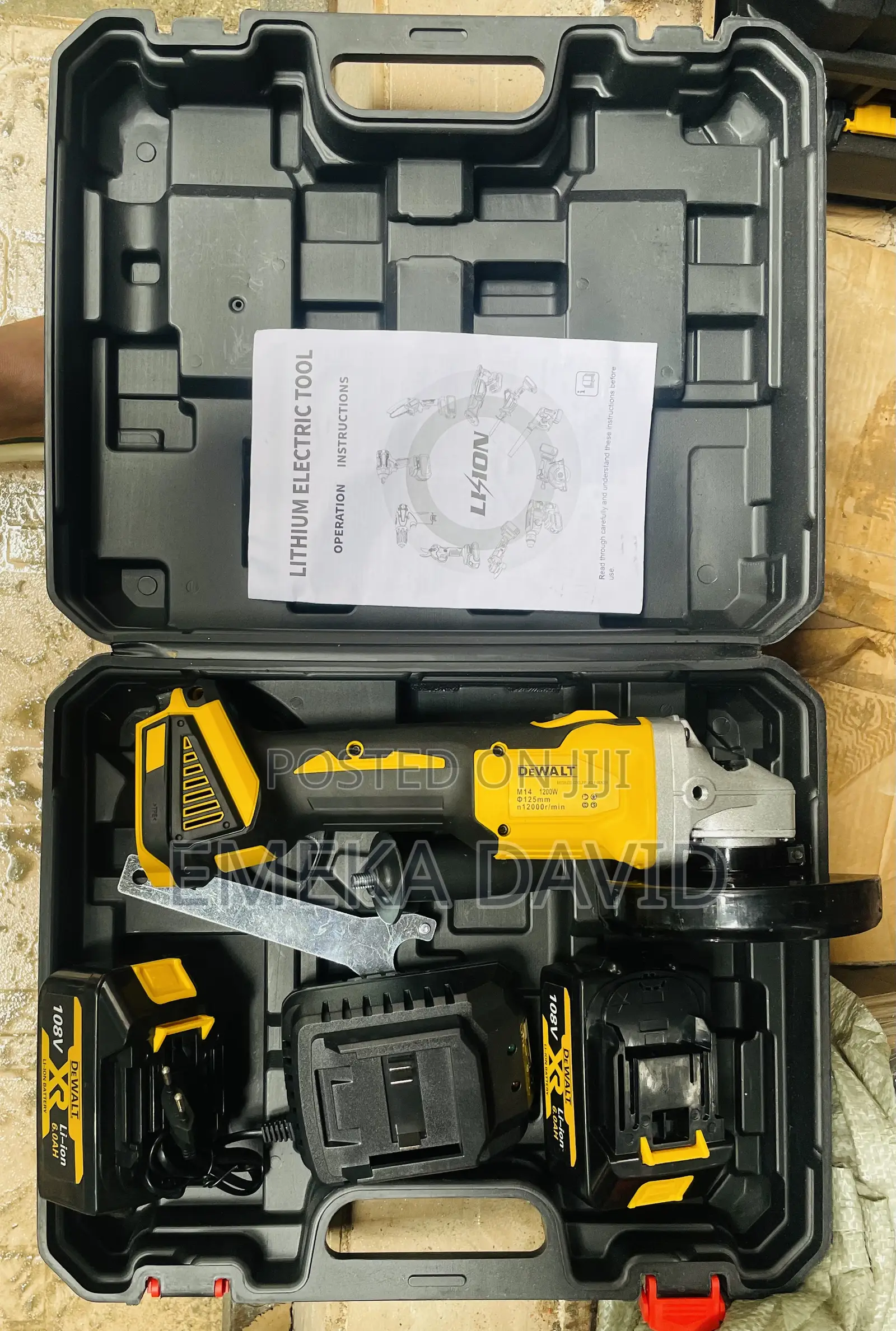 Cordless Electric Angle Grinder Kit Branded as Dewalt.