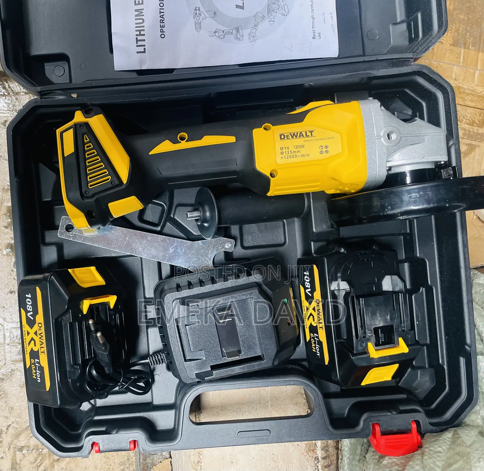 Cordless Electric Angle Grinder Kit Branded as Dewalt.