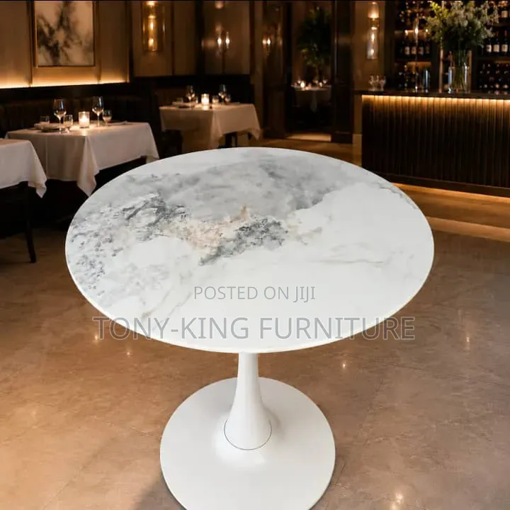 Modern Round Marble Top Dining Table With Metal Base.