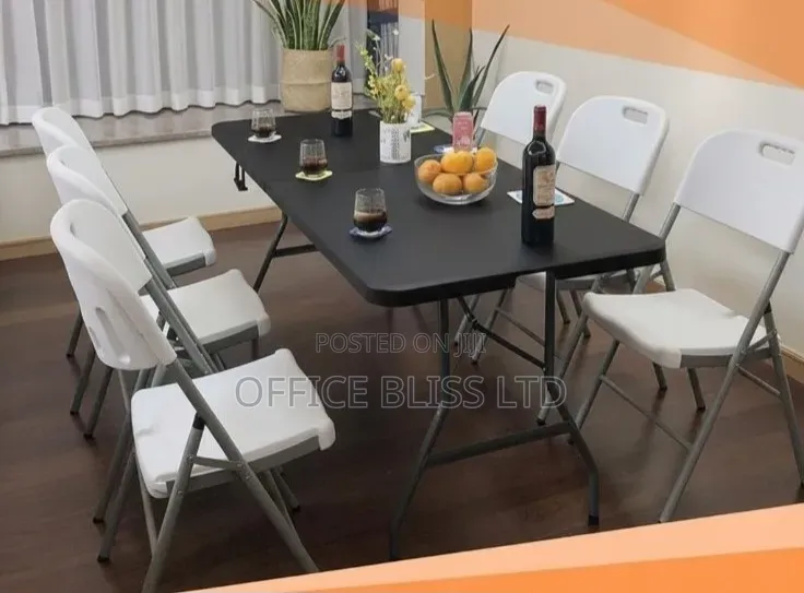Outdoor Foldable Black Table 6 White Chairs